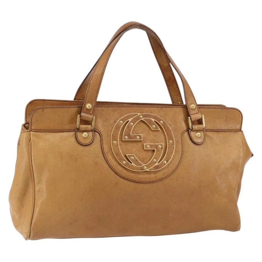 GUCCI Interlocking Hand Bag Leather Brown Gold